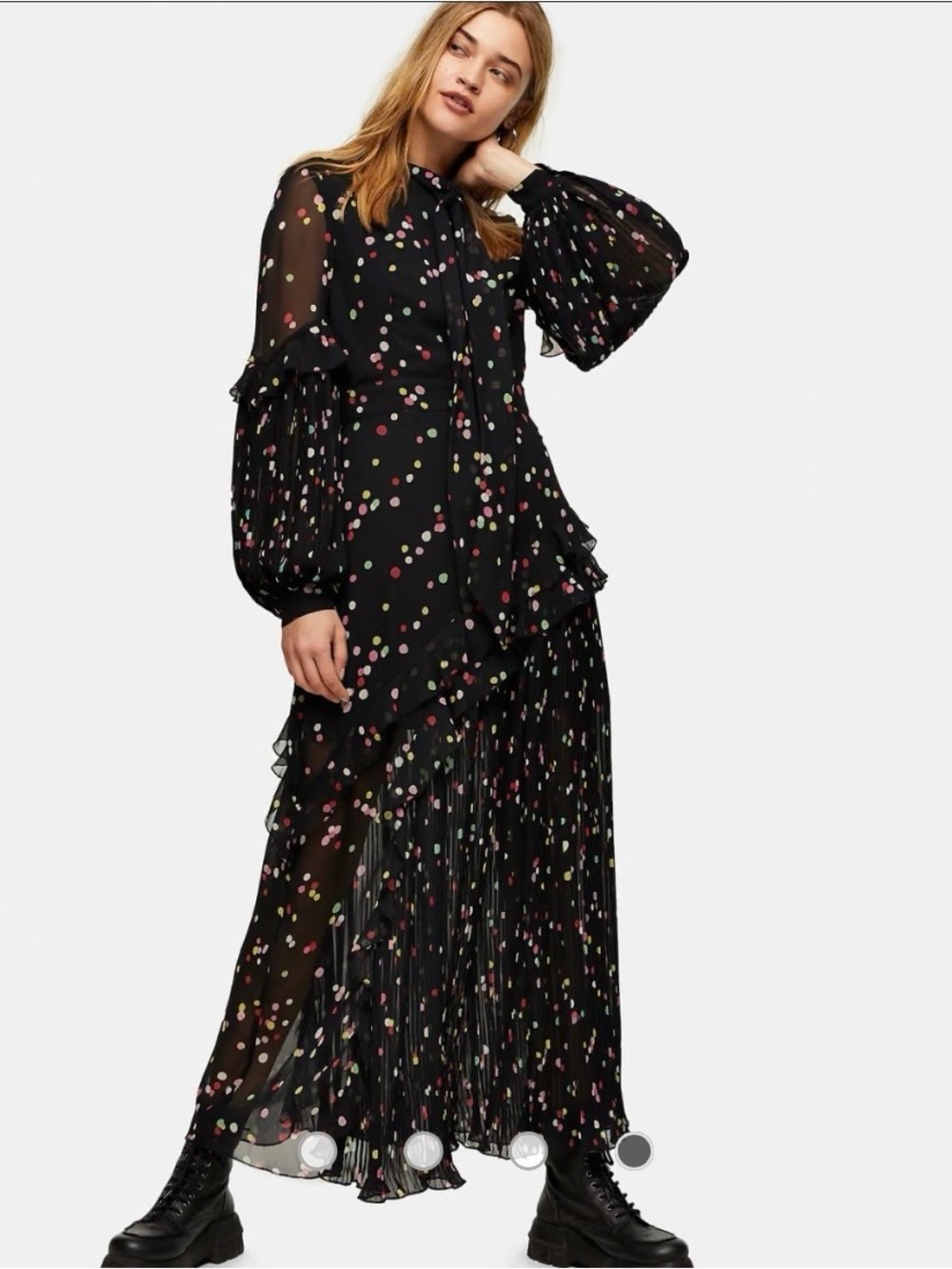 Topshop Black Polka Dot Ruffle Midi Dress with Tie Neck
